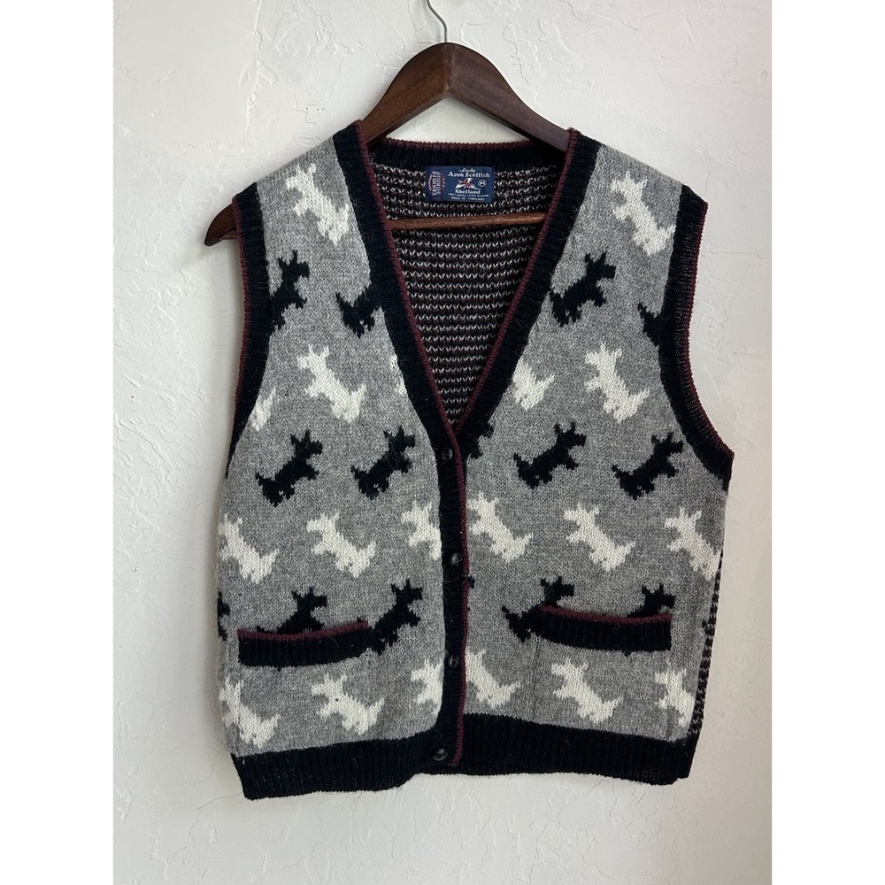 Vintage‎ Lady Avon Scottish Shetland Sweater Vest M Button Novelty Dog Grandma